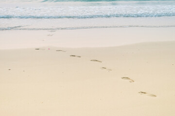Footprints of human feet on the sand near the water on the beach.