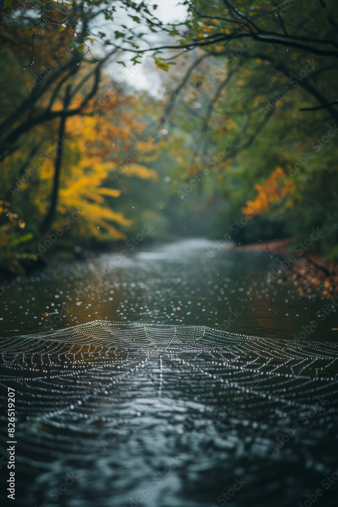 Poster image of a tranquil river flowing through a forest, its reflection scattered across a web adorned wi
