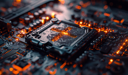 Close-up of a futuristic computer chip with glowing orange circuits.