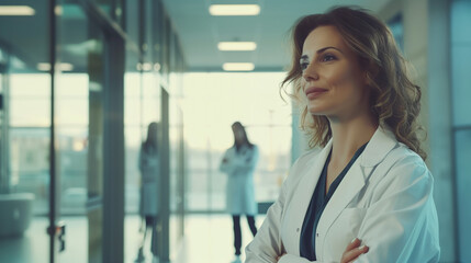 woman technology hospital medical doctor professional healthcare business young confident standing lab coat smiling connection team expert online