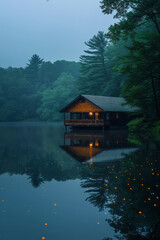 Fototapeta premium Scene of a quiet lakeside cabin, the peaceful summer setting reflected in tiny, perfectly round dewdrops,