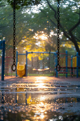 Obraz premium Artistic depiction of a children's playground in summer, with swings and slides reflected in the droplets of morning dew