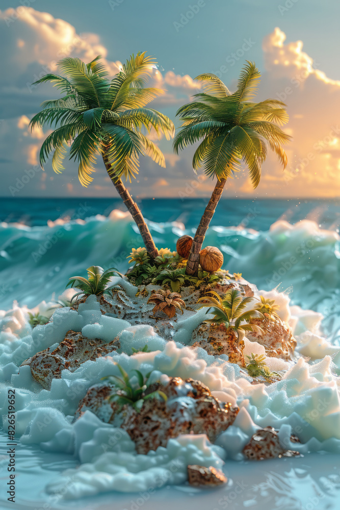 Poster artistic depiction of a tropical island featuring triangular palm trees and square coconuts against 