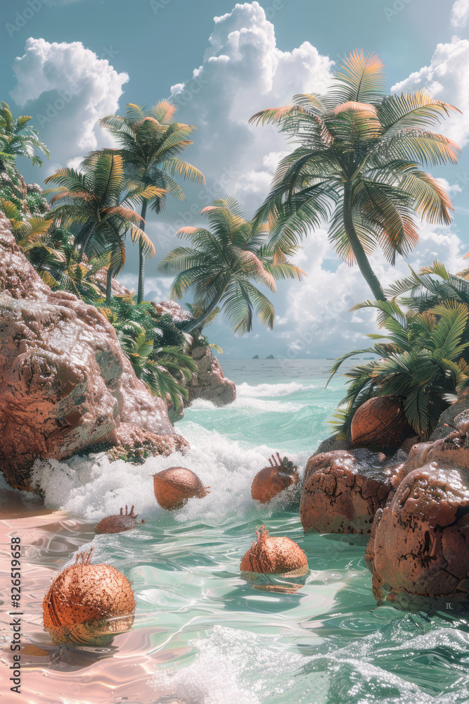 Poster artistic depiction of a tropical island featuring triangular palm trees and square coconuts against 