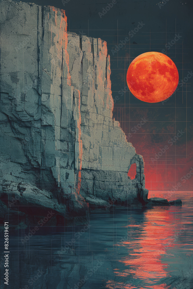 Poster illustration of a coastal cliff with rectangular rock formations and a grid-patterned ocean, highlig