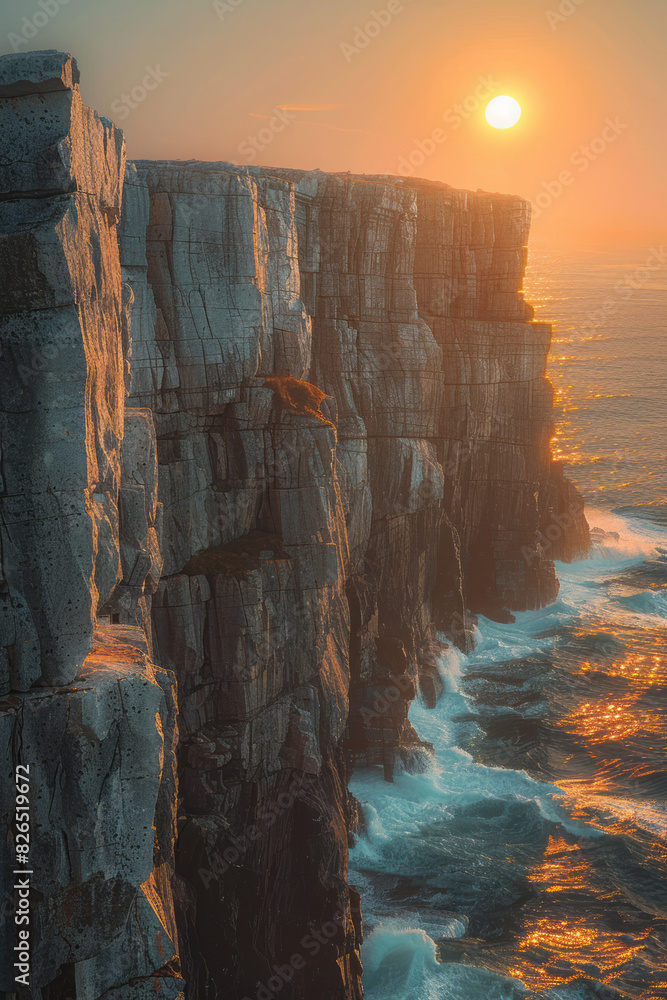 Poster illustration of a coastal cliff with rectangular rock formations and a grid-patterned ocean, highlig