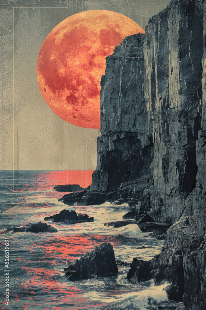 Poster illustration of a coastal cliff with rectangular rock formations and a grid-patterned ocean, highlig