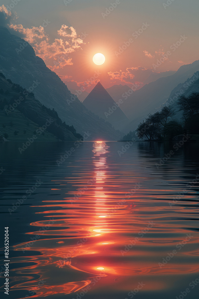 Poster artistic rendering of a serene lake with rectangular ripples and a pyramid-shaped sun setting behind