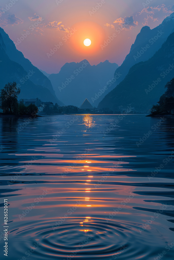Poster artistic rendering of a serene lake with rectangular ripples and a pyramid-shaped sun setting behind