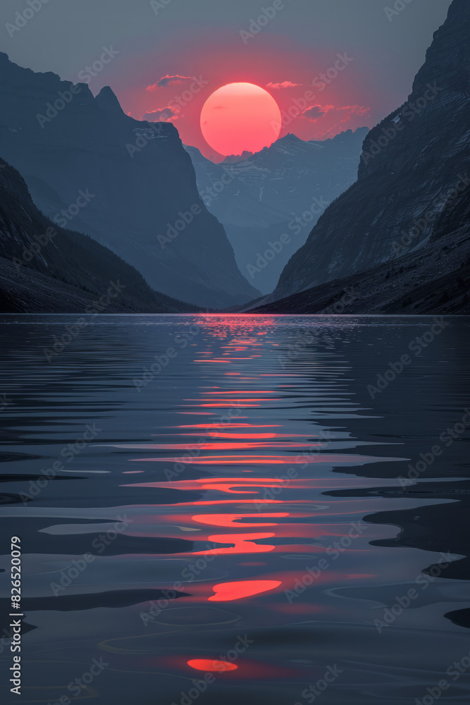Poster artistic rendering of a serene lake with rectangular ripples and a pyramid-shaped sun setting behind