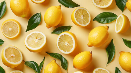 Fresh lemons fruit arranged in a beautiful pattern on a simple background. Top view