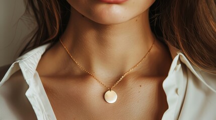Close-up of a woman's neck and upper chest area, showcasing a gold necklace with a circular pendant