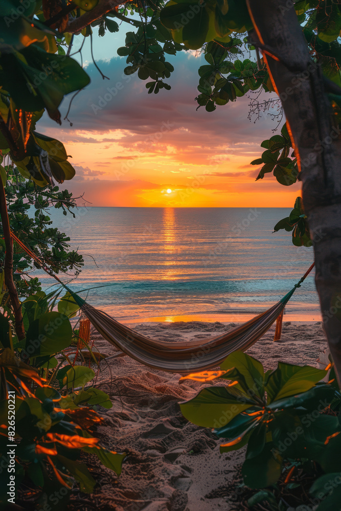 Poster scene of a tropical paradise with rectangular hammocks hanging between square trees, and a triangula