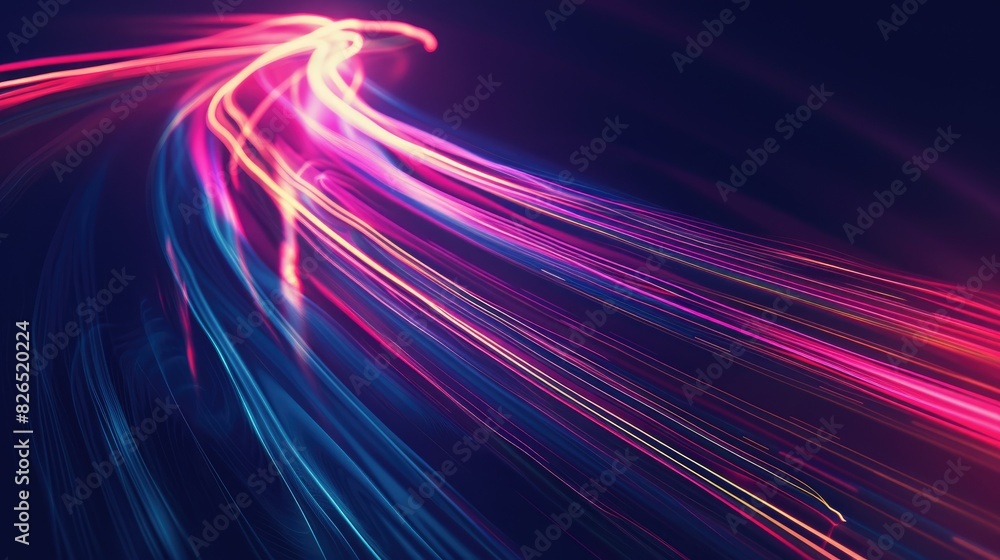 Poster dynamic abstract background with neon light trails on a dark backdrop.