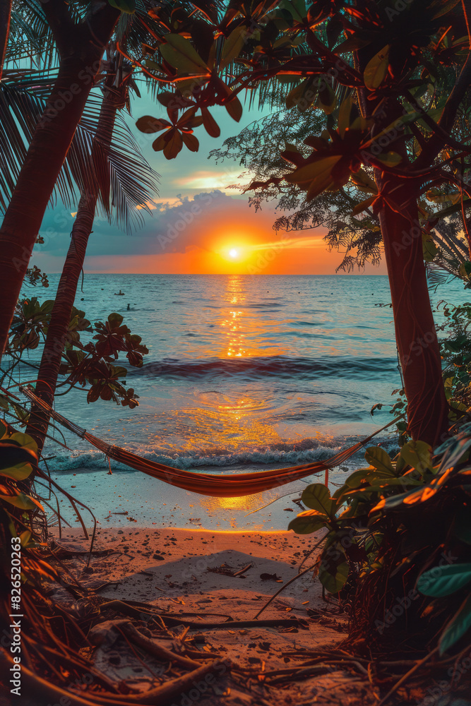 Poster scene of a tropical paradise with rectangular hammocks hanging between square trees, and a triangula