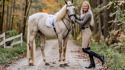 a woman, adorned in black riding boots and beige leggings, and her horse as she affectionately pets it, smiling warmly at the camera.