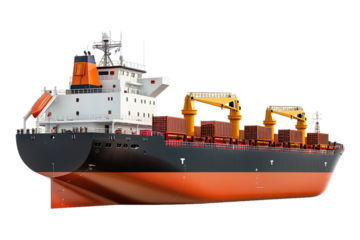 Cargo ship loaded with containers side view isolated on white.