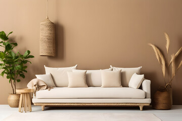 Modern living room features a cozy beige sofa against a blank beige wall, showcasing a boho interior design.