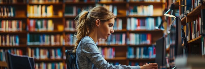 A woman sitting in front of a laptop computer in a library, surrounded by bookshelves and reading tables - Powered by Adobe