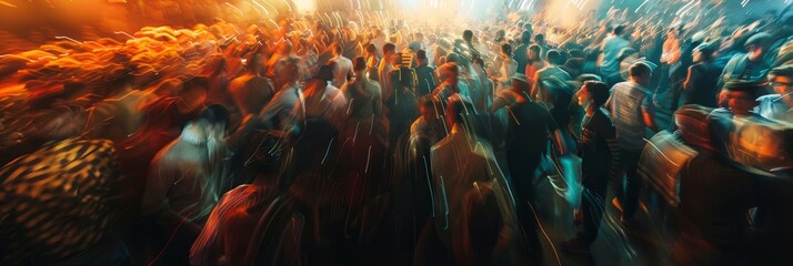 A crowded dance floor filled with people standing around each other, moving in sync to the music