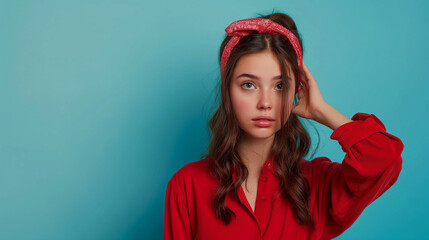 Foto de uma linda garota bem-sucedida que usa roupas vermelhas da moda parece um espaço vazio isolado em fundo de cor azul