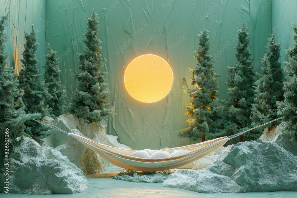 Aufkleber artistic rendering of a white rectangle as a hammock between two green triangles as trees, with a ye