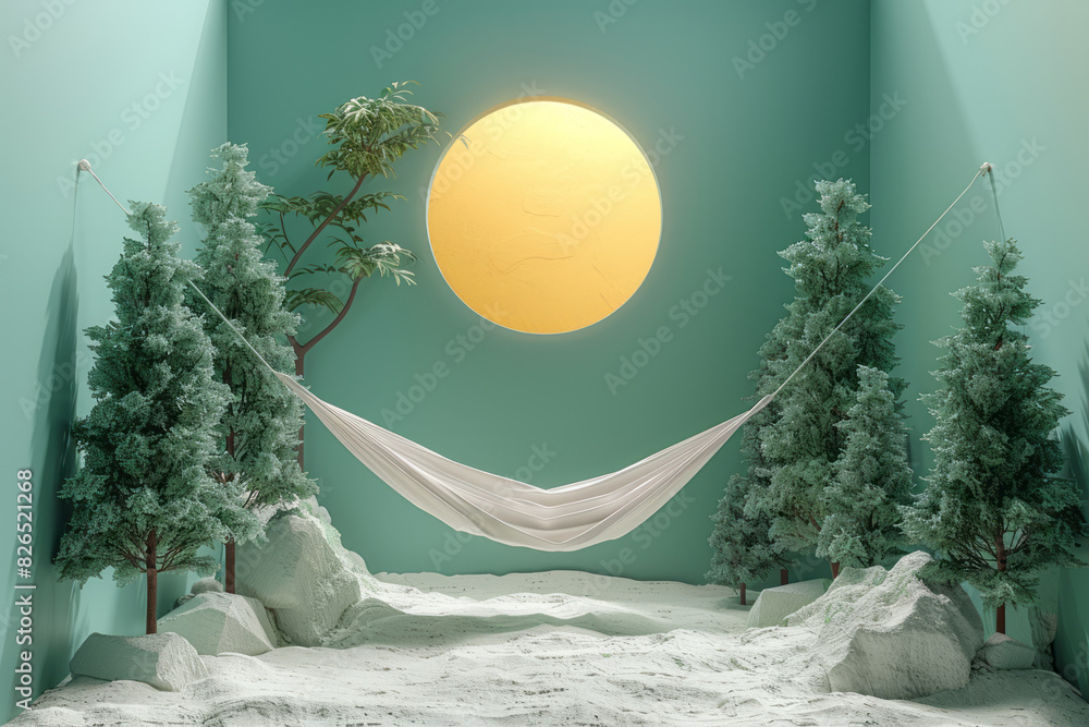 Poster artistic rendering of a white rectangle as a hammock between two green triangles as trees, with a ye