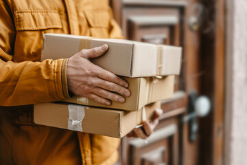 Obraz premium Man delivers parcels close to a door