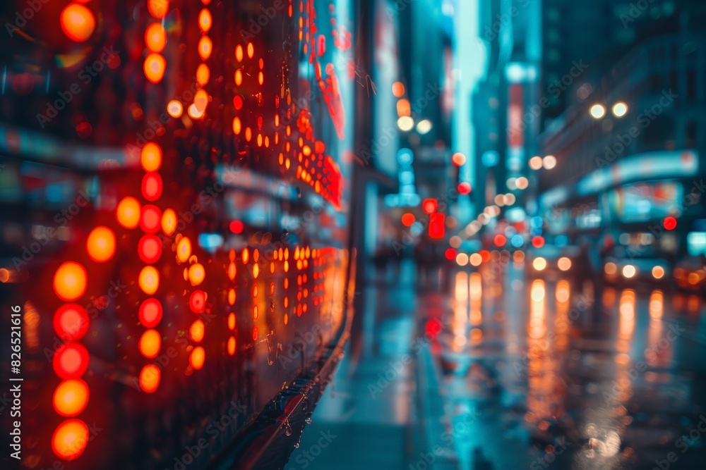 Poster a blurry cityscape with a large red square in the middle. the square is surrounded by a series of sm