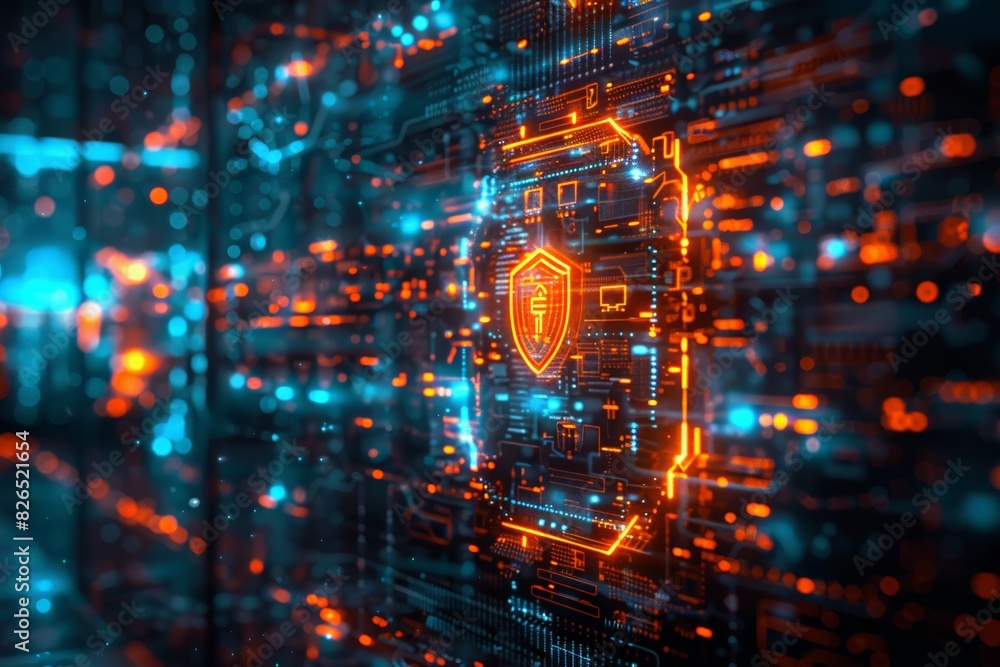 Poster a computer screen with a glowing orange symbol that says 