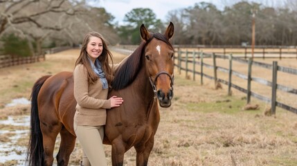 Fototapeta premium a woman, adorned in black riding boots and beige leggings, and her horse as she affectionately pets it, smiling warmly at the camera.