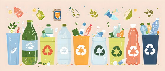 Zero Waste illustrated Vectors, Separating waste, protecting the environment, flat color, recycled bin, saving Earth, oxygen, green ever