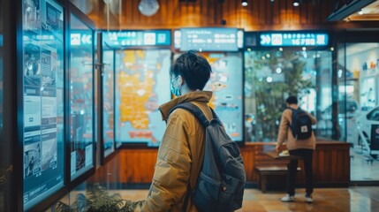 Traveler Viewing Digital Travel Advisories and Alerts at Modern Agency Display During Pandemic