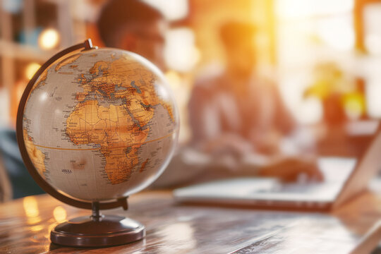 Vintage globe on a desk in a warm lit room with a blurred background of people working on laptops