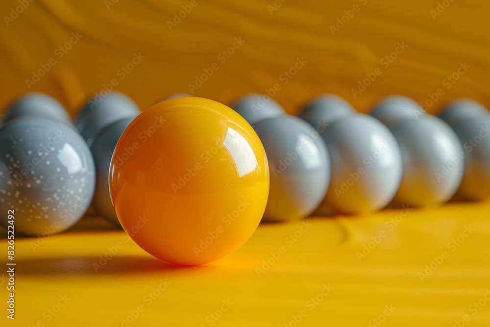 Poster image using a yellow and gray color scheme, with the table felt in bright yellow and the balls in va