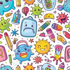 Seamless Pattern Design of Cute Cartoon Germs with School Supplies for Educational Book Covers and Children's Learning Materials