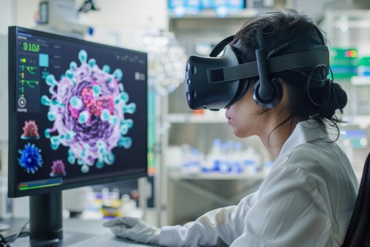 Scientist Using Virtual Reality for 3D Virus Model Interaction and Vaccine Research