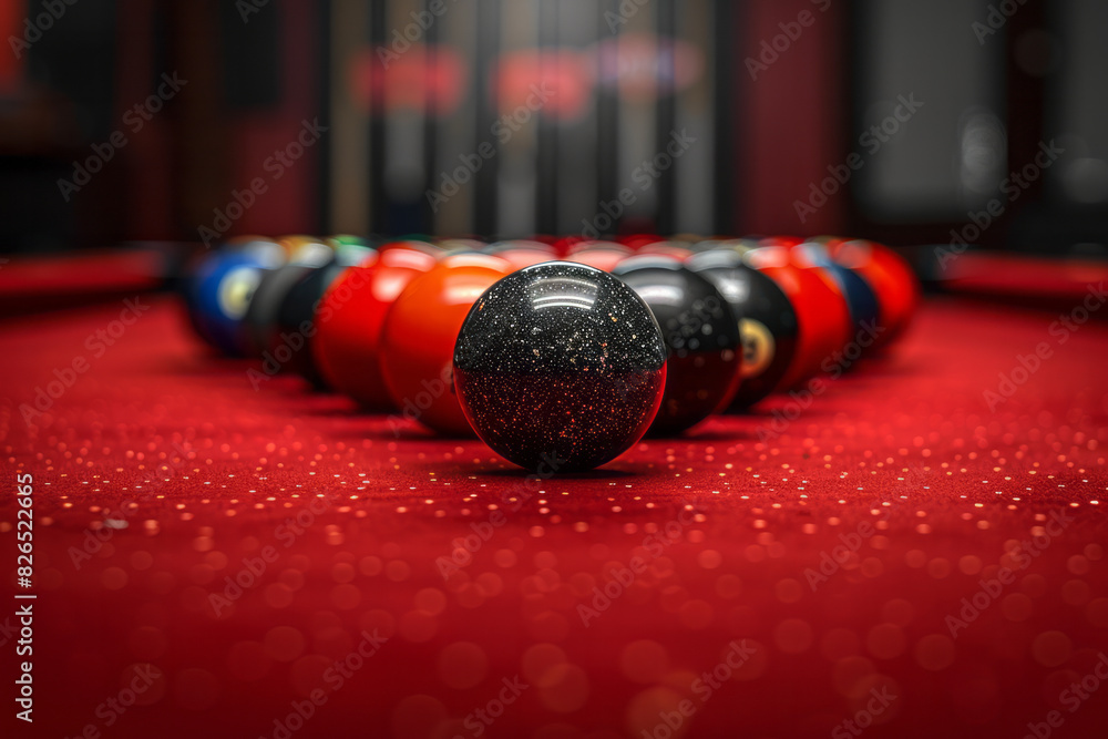 Poster artistic depiction of a billiard game using a red and black color scheme, with the table felt in red