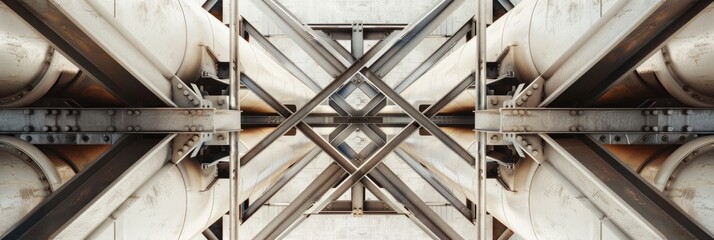 A very large metal structure with pipes intersecting at various angles, creating an abstract pattern against a neutral background