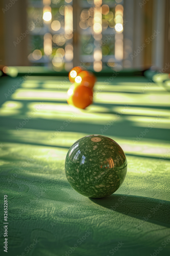 Poster artistic depiction of a billiard game using a green and gold color scheme, with the table felt in gr