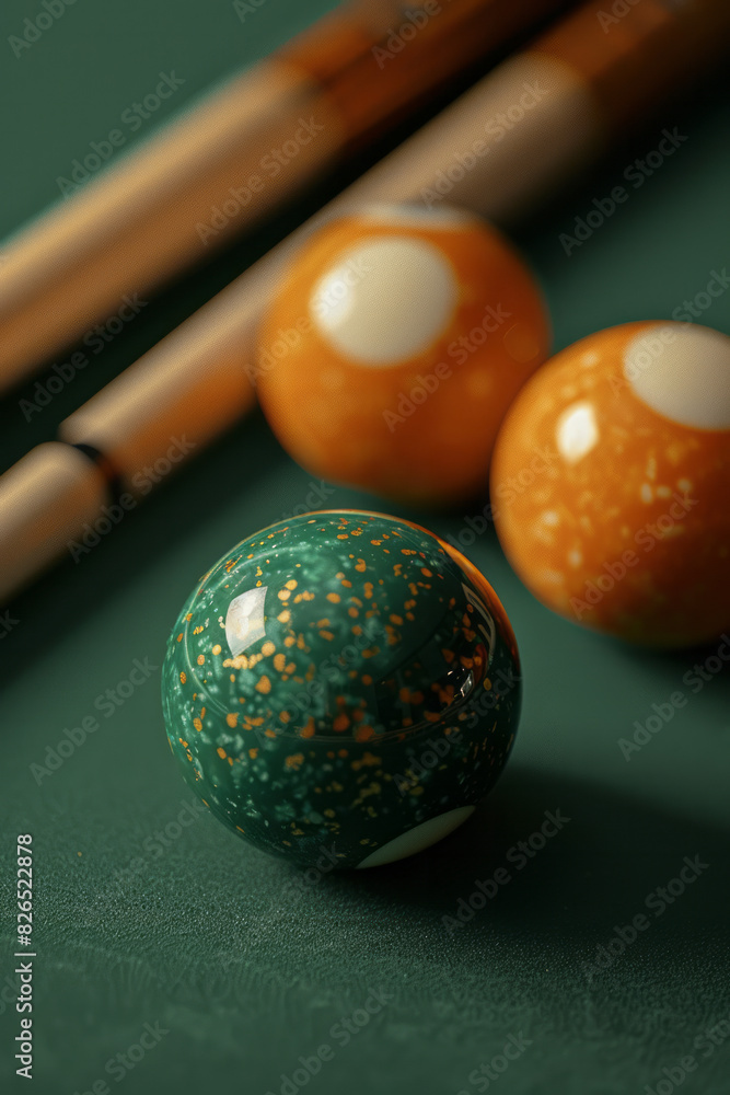 Poster artistic depiction of a billiard game using a green and gold color scheme, with the table felt in gr