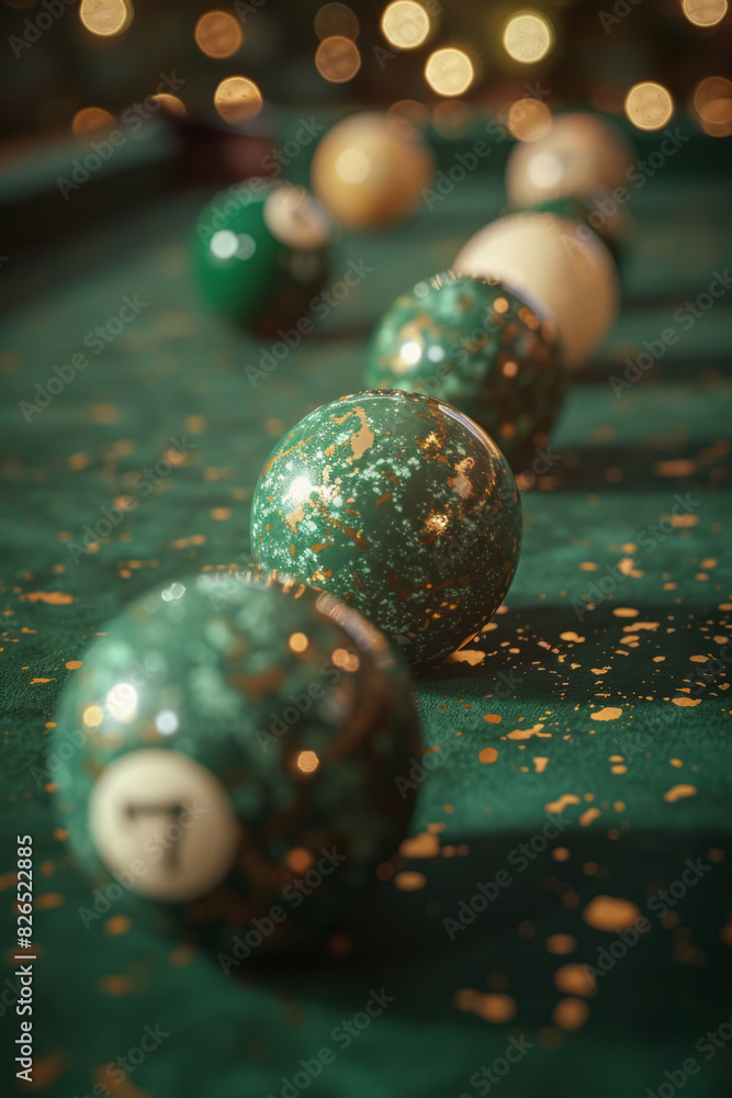 Poster artistic depiction of a billiard game using a green and gold color scheme, with the table felt in gr