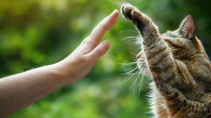 Human hand and tabby cat paw high five against a green, natural background