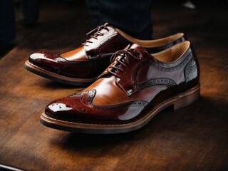 Close-up of elegant two-tone leather brogue shoes on a wooden surface.