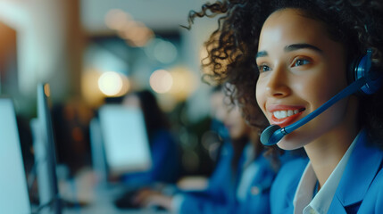 Friendly call center agent with curly hair and a headset, providing support in a vibrant and well-lit office environment.