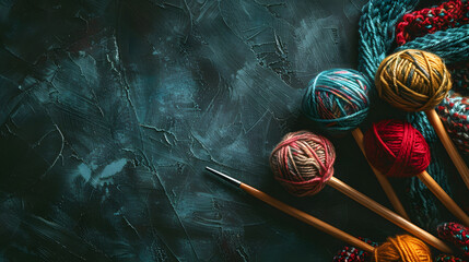 handicraft background with knitting needles, free space for text ,