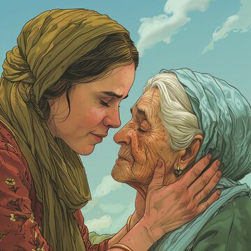 Explore the captivating cartoon interpretation depicting Ruth's unwavering loyalty towards her revered mother-in-law Naomi, showcasing a heartening portrayal of deep devotion, selflessness