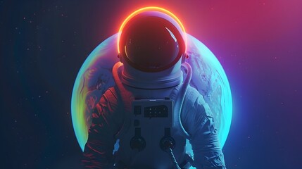 Obraz premium Minimalist D Cartoon Astronaut Orbiting Iridescent Planet