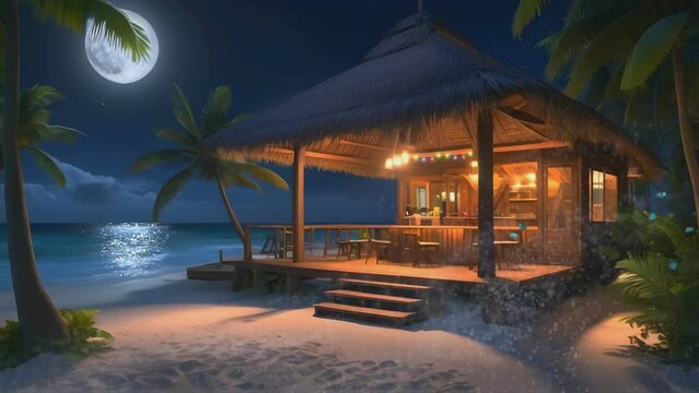 the atmosphere of a traditional beachside cafe with the beauty of a full moon
