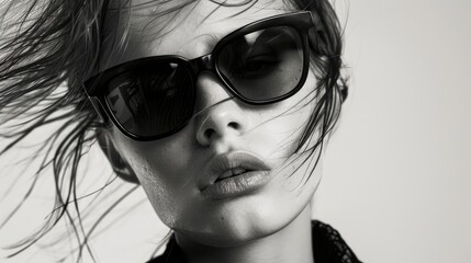 Female model with sunglasses covering her face posing